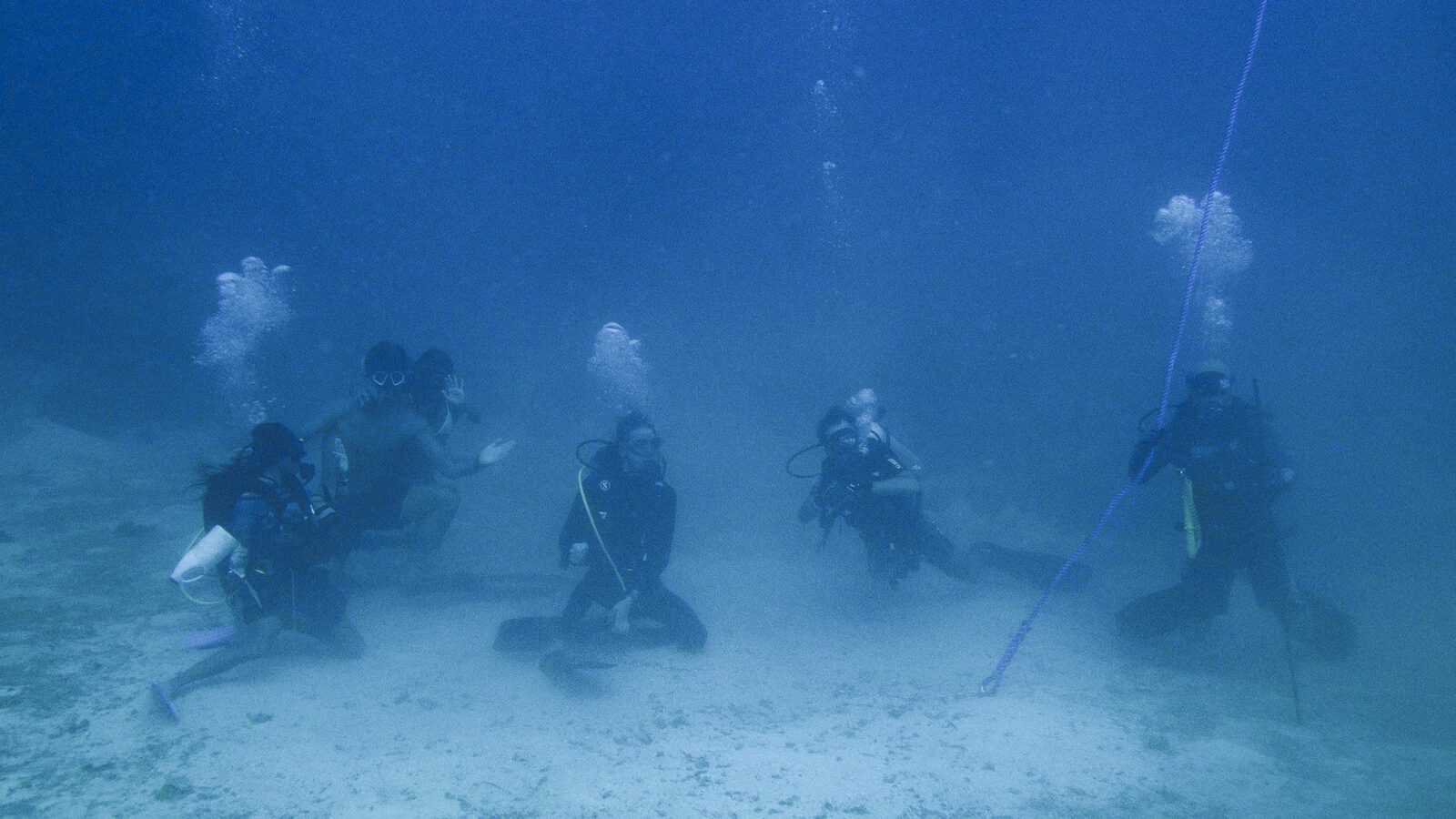 The OceanTribe team kneeling on the sand next to a freshly installed mooring line